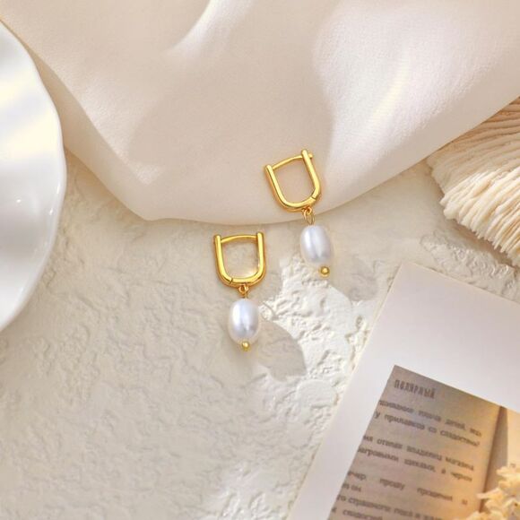 Pearl Dangle Earrings 14K Gold Plated Pearl Drop Hoop Dainty CZ Earrings Gift - Picture 2 of 5